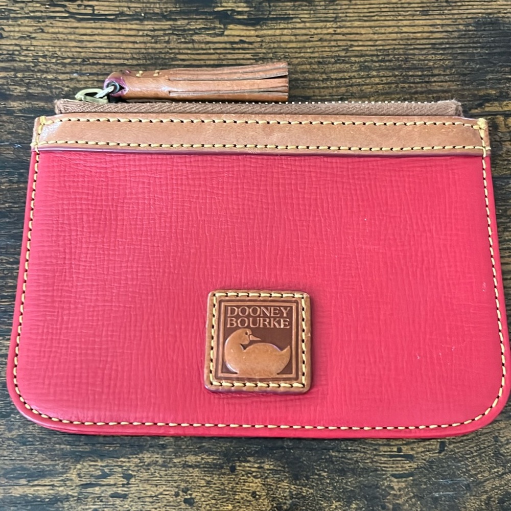 Dooney & Bourke Pebble Leather Zip Pouch. Red & Tan Pebbled Leather.